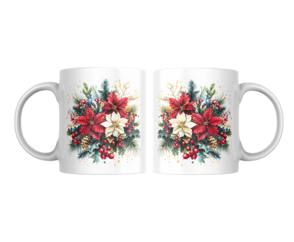 Weihnachtstassen-Set mit festlichem Design aus Stechpalme, Weihnachtsstern und winterlichen Zweigen, ideal für die Weihnachtszeit. Perfekt für heiße Getränke und als dekoratives Geschenk.